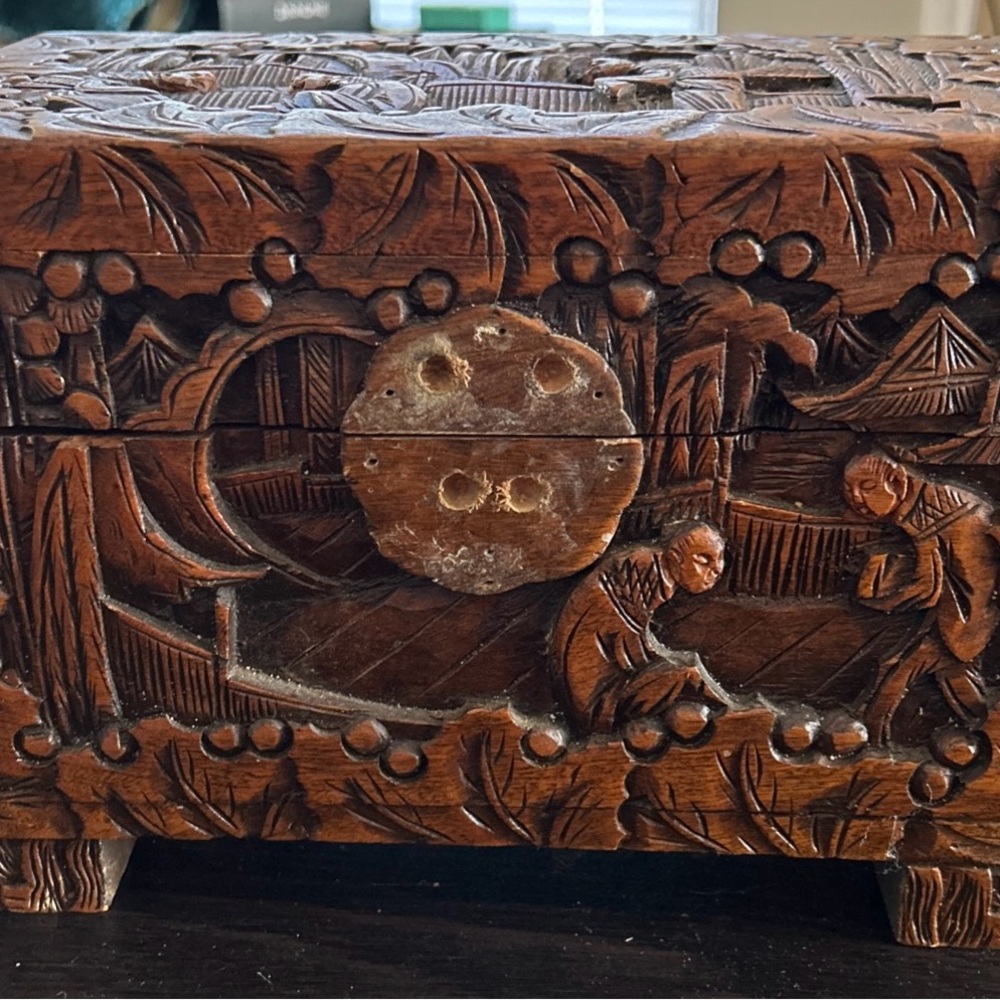 Vintage Chinese Hand-Carved Camphor Wood Storage Box